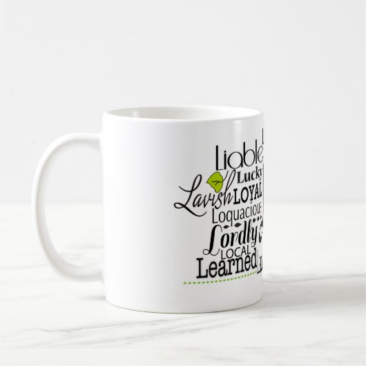 Adjectief Word Cloud beginnend met letter L Koffiemok (Links)