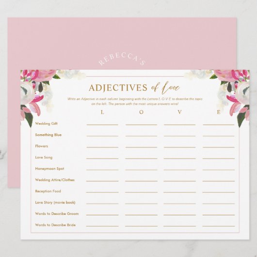 Adjectieven van de liefdeslijst Roze Vrijgezellenf Kaart (Voorkant / Achterkant)