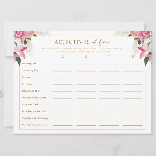 Adjectieven van de liefdeslijst Roze Vrijgezellenf Kaart (Voorkant)