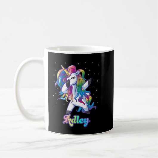 ADLEY-naam Aangepaste aangepaste regenboog Unicorn Koffiemok (Links)