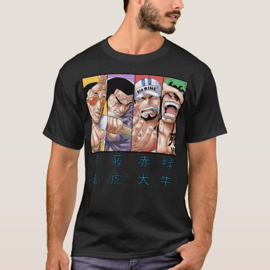 Admiraal Akainu Kizaru Fujitora en Ryokugyu T-shirt (Voorkant)