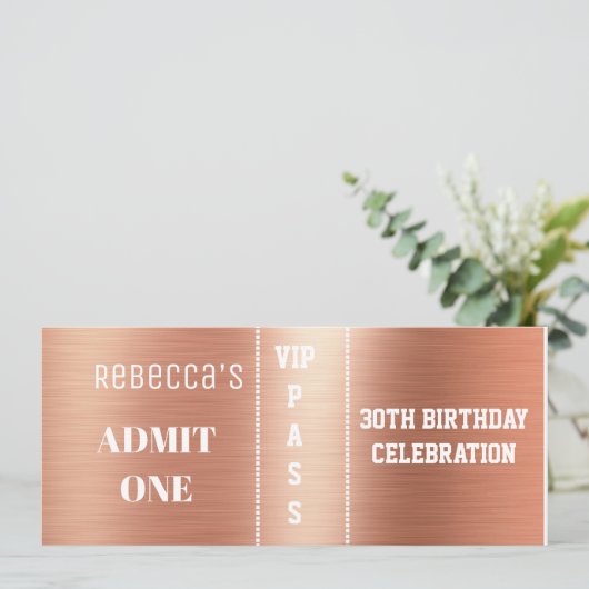 Admission Ticket Verjaardagsfeestje Roos Goudfolie Kaart (Staand voorkant)