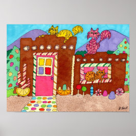 Adobe Gingerbrood House met Cats Folk Art Poster