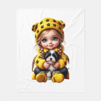 ADOM Cute Girl and Puppy Kids Blanket Fleece Deken