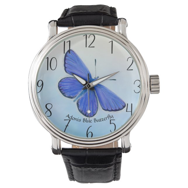 Adonis Blue Butterfly Waterverf Schilderen Groot Horloge (Voorkant)