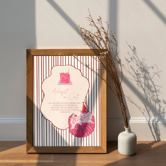 Adopt a Cat Pink Cake on Stripes Birthday Decor Poster