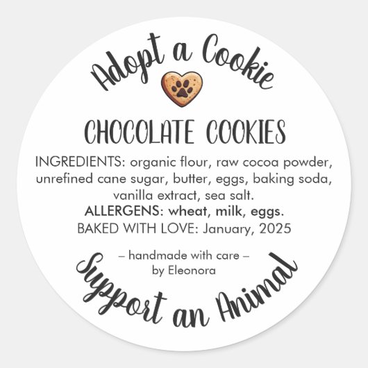 Adopt a Cookie Animal Rescue Bakery Ingredients Ronde Sticker (Voorkant)