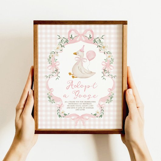 Adopt a Goose Pink Bow Gingham Birthday Decor Sign Poster