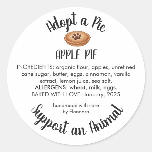Adopt a Pie Animal Rescue Bakery Ingredients Ronde Sticker (Voorkant)