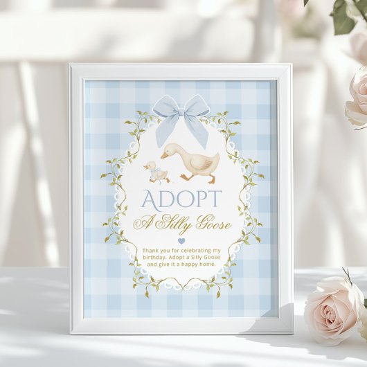 Adopt A Silly Goose Blue Gingham 1st Birthday Poster