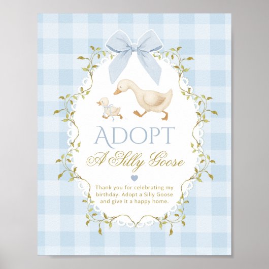 Adopt A Silly Goose Blue Gingham 1st Birthday Poster (Voorkant)