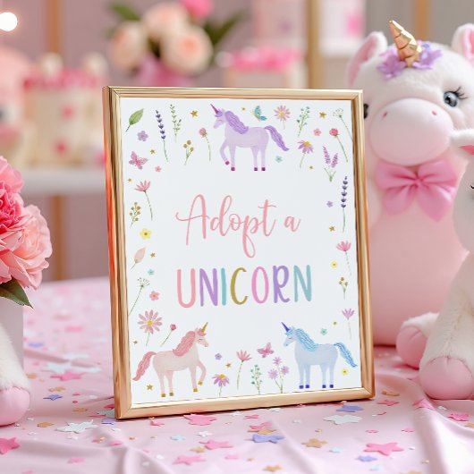 Adopt A Unicorn Floral Birthday Party Sign Poster