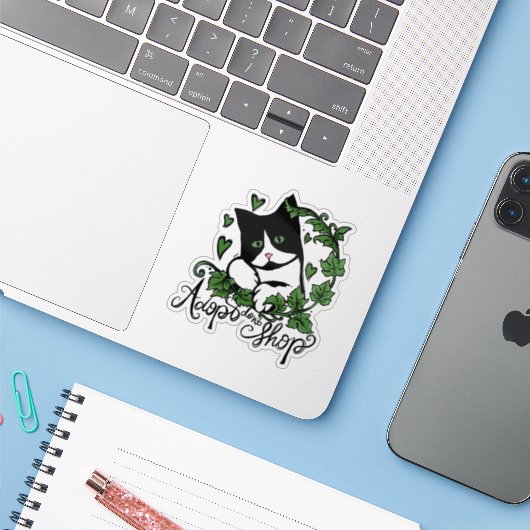 Adopteer Don't Shop Tuxedo Cat Art Sticker (Laptop met iPhone)