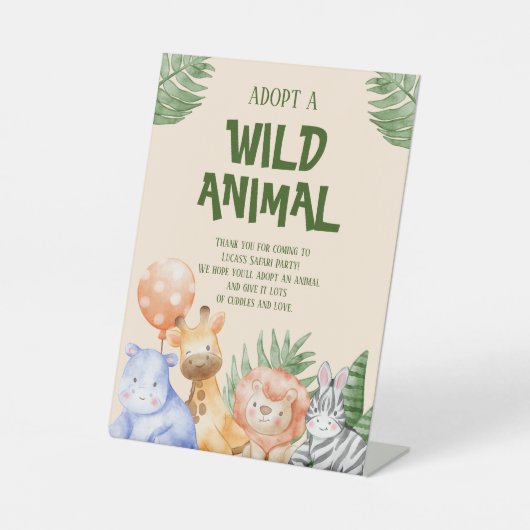 Adopteer een dier Kinderen Safari Verjaardag Reclamebord Met Voetstuk (Voorkant)