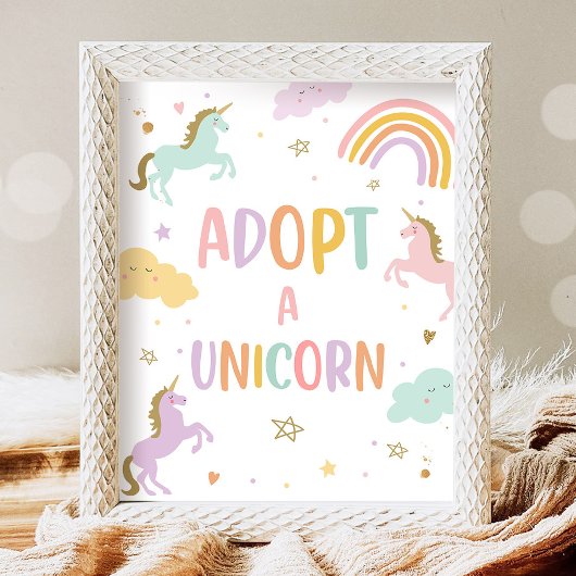 Adopteer een eenhoorn pastel regenboog meisje verj poster