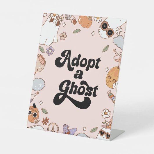 Adopteer een Ghost Halloween Verjaardagsfeest Reclamebord Met Voetstuk (Voorkant)