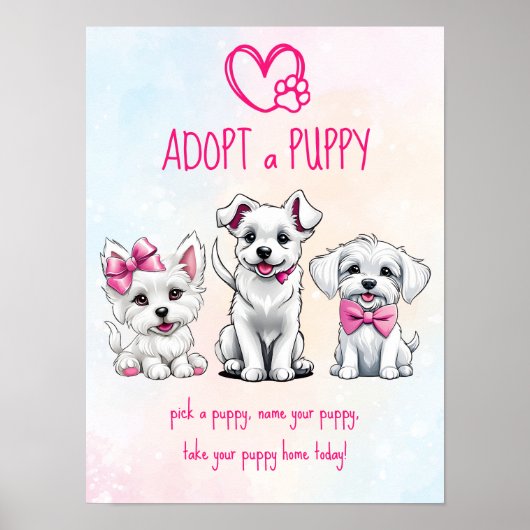 Adopteer een puppy partij teken schattig wit roze poster (Voorkant)