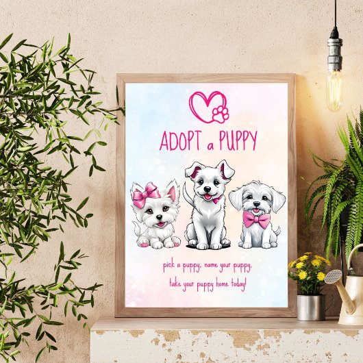 Adopteer een puppy partij teken schattig wit roze  poster