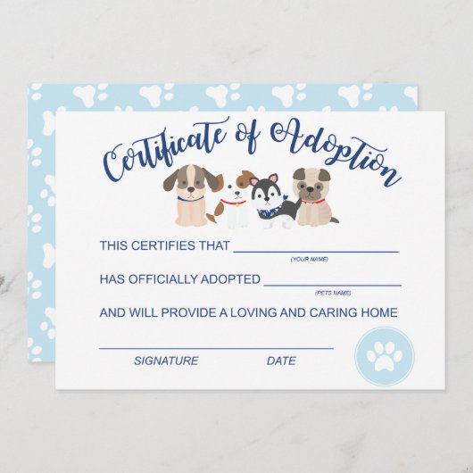 Adopteer een Puppy Verjaardag Certificaat van adop Notitiekaartje (Voorkant / Achterkant)