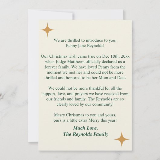 Adoptie Aankondiging Wens Kwam Echte Vakantie Kaar (Achterkant)