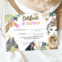 Adoptie Certificaat Safari Partij Dieren Verjaarda Kaart