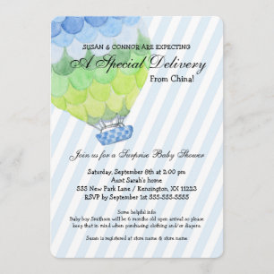 Adoptie Jongen Baby shower, blauw heteluchtballon Kaart
