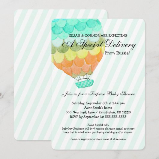 Adoptie Jongen Baby shower, munt hete luchtballon Kaart (Voorkant / Achterkant)