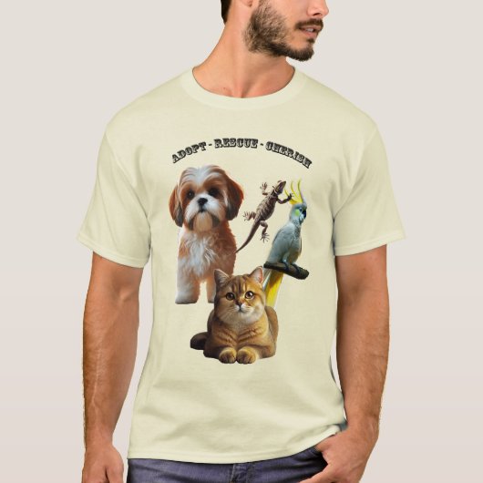 Adoptie voor huisdieren met hond, kat, vogel en ha t-shirt (Voorkant)