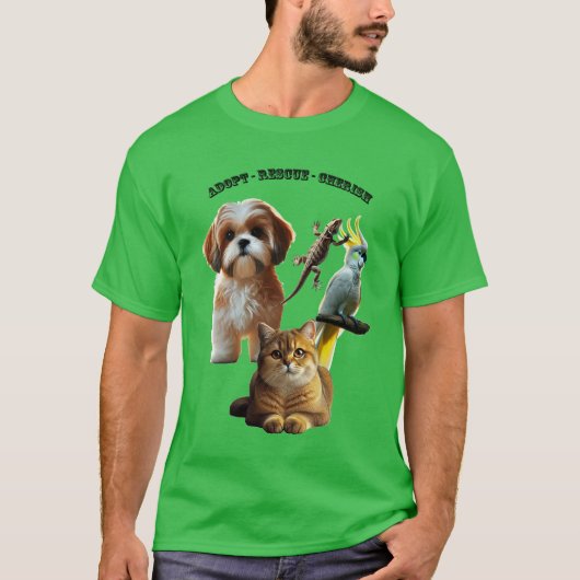 Adoptie voor huisdieren met hond, kat, vogel en ha t-shirt (Voorkant)