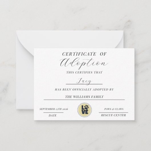 adoptiecertificaat notitiekaartje (Voorkant)