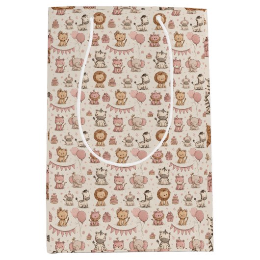 Adorable Animal Birthday, Pink & Beige  Medium Cadeauzakje (Voorkant)