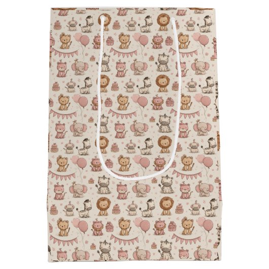 Adorable Animal Birthday, Pink & Beige  Medium Cadeauzakje (Achterkant)