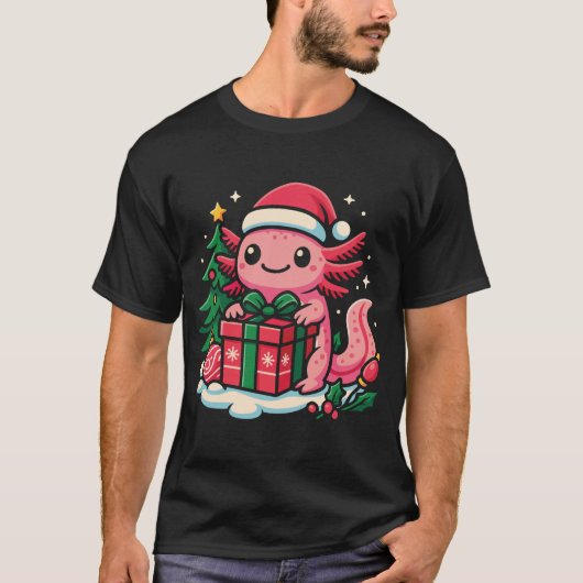 Adorable Axolotl Wearing a Santa Hat Holding a Chr T-shirt (Voorkant)