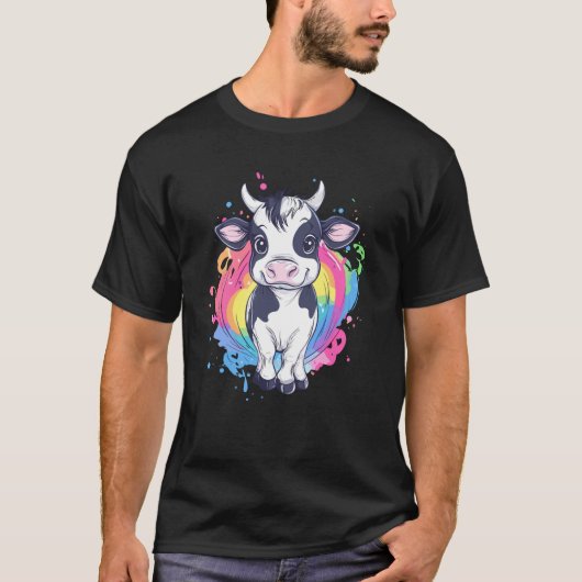 Adorable Baby Calf with Rainbow Splash Cartoon T-shirt (Voorkant)