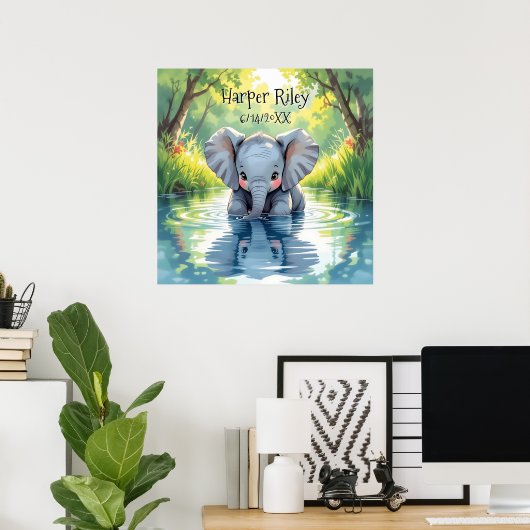 Adorable Baby Elephant and Reflection Personalized Poster (Thuiskantoor)