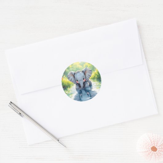 Adorable Baby Elephant and Reflection Ronde Sticker (Envelop)