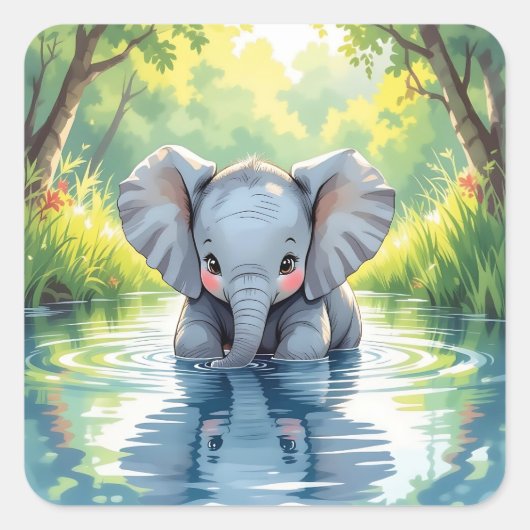 Adorable Baby Elephant and Reflection Vierkante Sticker (Voorkant)