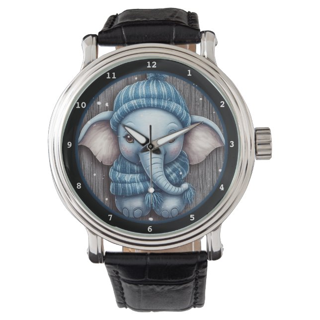 Adorable Baby Elephant in Snowy Scene Horloge (Voorkant)