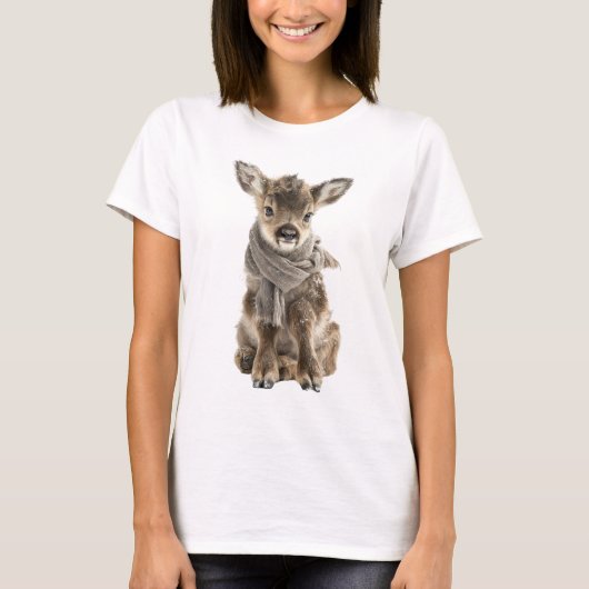 Adorable Baby Reindeer Wearing Cozy Scarf T-shirt (Voorkant)