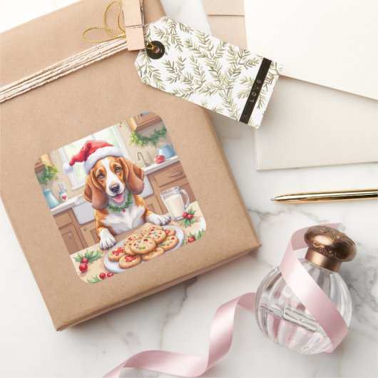 Adorable Basset Hound Sneaking Christmas Cookies Vierkante Sticker (Geschenken)