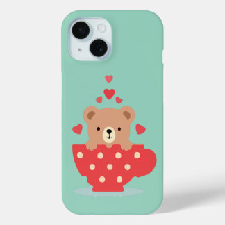 Adorable Bear in a Teacup with Hearts iPhone 15 Case
