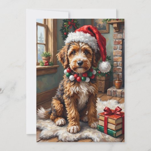 Adorable Bernedoodle Dog Cozy Knitted Santa Hat Feestdagenkaart (Voorkant)