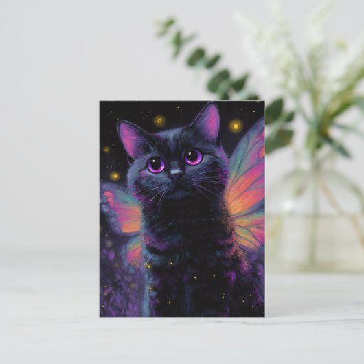 Adorable Black and Purple Cat Fairy Briefkaart (Staand voorkant)
