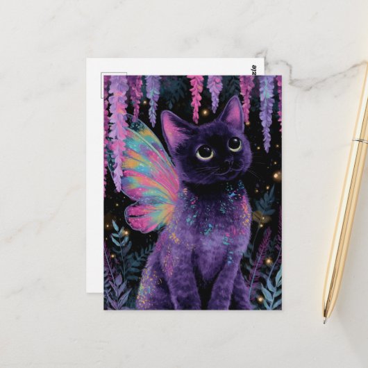 Adorable Black and Purple Cat Fairy Briefkaart (Voorkant / Achterkant in situ)