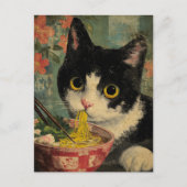 Adorable Black and White Cat Eating Noodles Briefkaart (Voorkant)