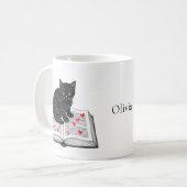 Adorable Black Cat Kitten on Book Custom Name Koffiemok (Voorkant links)