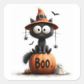 Adorable Black Cat Witch on 'Boo' Pumpkin Sticker (Voorkant)