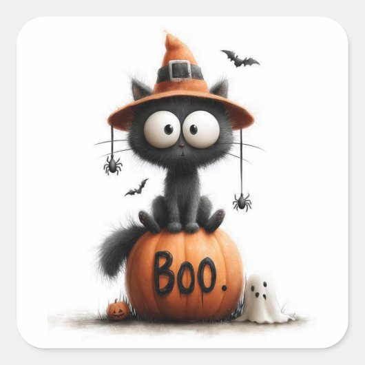 Adorable Black Cat Witch on 'Boo' Pumpkin Sticker (Voorkant)