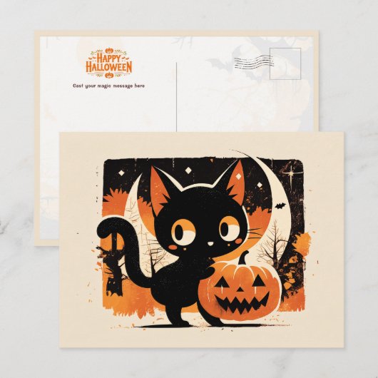 Adorable Black Cat with Jack-o’-lantern Briefkaart (Voorkant / Achterkant)
