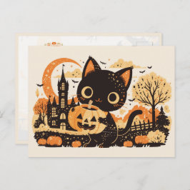 Adorable Black Cat with Jack-o’-lantern Feestdagenkaart